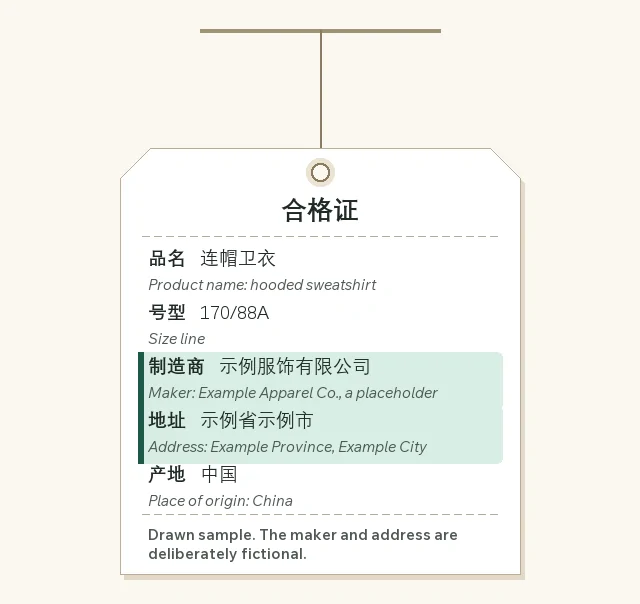 Drawn hang tag with the maker name and address lines shaded, using a fictional company and city