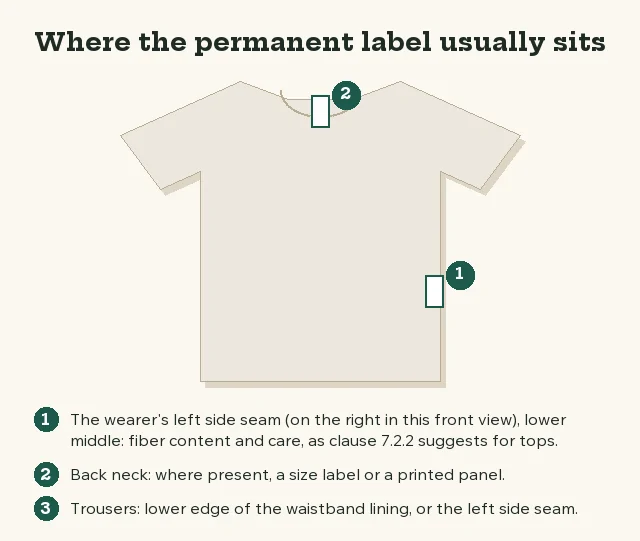 Drawn T-shirt outline with label positions marked at the left side seam and the back neck