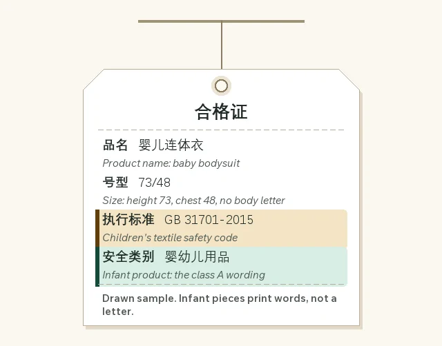 Drawn baby clothing tag with size 73/48, standard GB 31701-2015 and the infant product wording