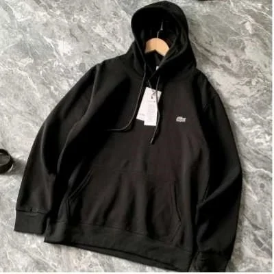 Black pullover hoodie shown on a hanger